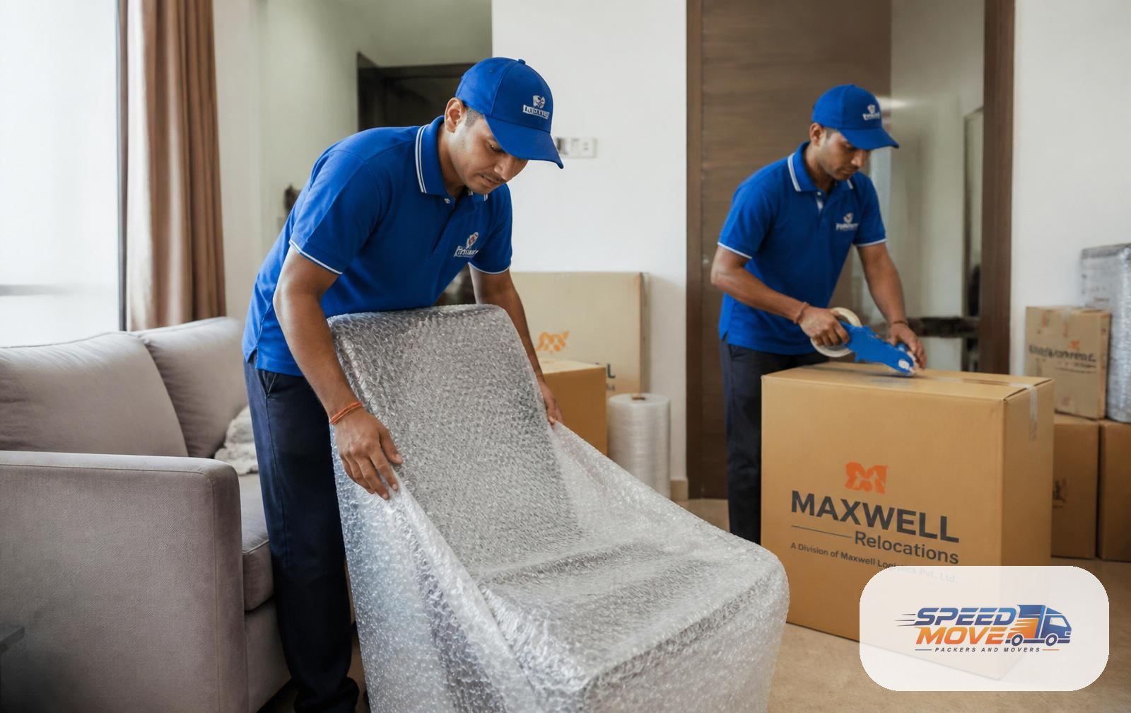 Speed Move packing crew wrapping furniture for a customer in Surat Station, Surat